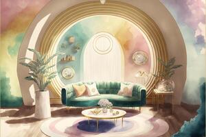 pintura de un vivo habitación con un sofá y café mesa. generativo ai. foto