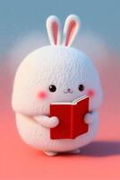 white bunny reading a book on a pink surface. . photo