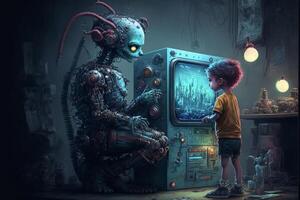 boy standing next to a robot in front of a tv. . photo