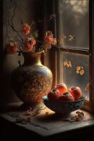 vase sitting on top of a window sill next to a bowl of fruit. . photo