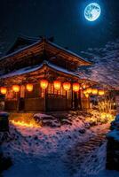 building with lanterns and a full moon in the background. . photo