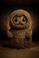 stuffed owl sitting on top of a pile of hay. . photo