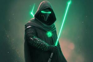 man with a green light saber in his hand. . photo