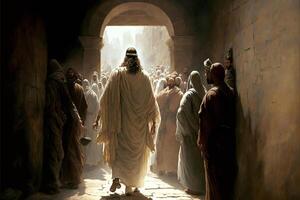 a painting of jesus walking through a crowd of people. . photo