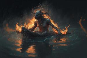 woman sitting in a body of water surrounded by fire. . photo