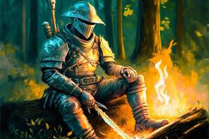 painting of a knight sitting on a log in the woods. . photo