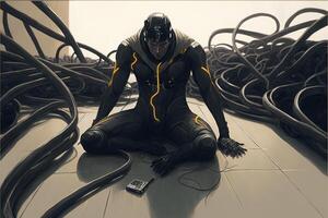 man sitting on the ground surrounded by wires. . photo