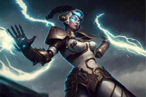 woman in armor with lightning in the background. . photo