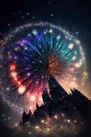 fireworks in the night sky with a castle in the foreground. . photo