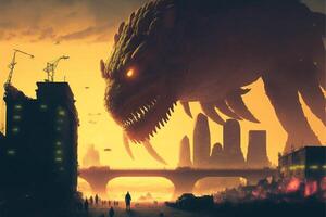 giant monster standing in the middle of a city. . photo