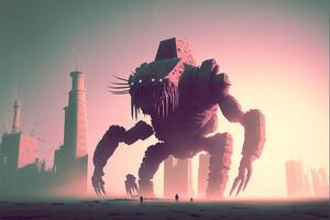 giant robot standing in front of a city. . photo