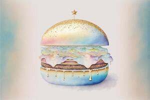 watercolor painting of a hamburger covered in icing. . photo