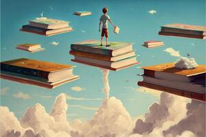 man standing on top of a stack of books. . photo