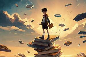 boy standing on top of a pile of books. . photo