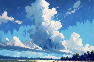 painting of a cloudy sky over a field. . photo