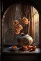 vase filled with oranges sitting on top of a window sill. . photo