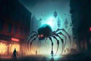 giant spider sitting in the middle of a city. . photo