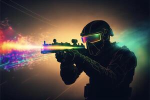 man in a helmet and goggles holding a laser gun. . photo