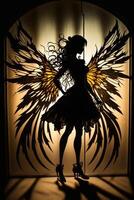 silhouette of a fairy standing in front of a stained glass window. . photo