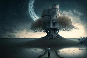 man standing in front of a tree house. . photo