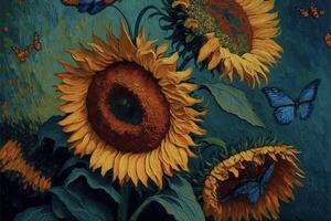 a painting of sunflowers and butterflies against a blue background. . photo