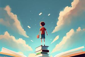 chico en pie en parte superior de un apilar de libros. generativo ai. foto