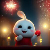 cartoon bunny holding an egg with fireworks in the background. . photo