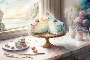 painting of a piece of cake on a plate. . photo