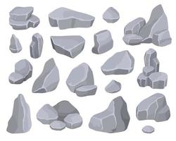 dibujos animados gris rock piedras escombros, cantos rodados y montaña acantilados Roca formaciones, pila de rocoso escombros, minerales o rocas escombros vector conjunto