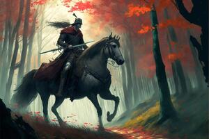 man riding on the back of a horse through a forest. . photo