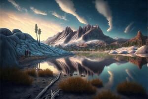 painting of a lake with a mountain in the background. . photo