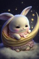 white rabbit sitting on top of a crescent. . photo