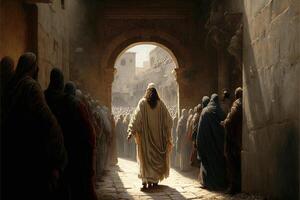 a painting of jesus walking through a crowd of people. . photo