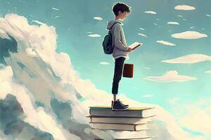 boy standing on top of a stack of books. . photo