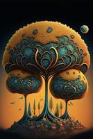 a painting of a tree with a moon in the background. . photo
