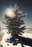 nieve cubierto árbol en el medio de un Nevado campo. generativo ai. foto