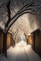 street filled with lots of snow next to tall buildings. . photo