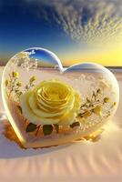 yellow rose sitting inside of a glass heart. . photo