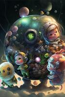 group of cartoon characters standing in front of a planet. . photo