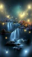 waterfall in the middle of a lake at night. . photo
