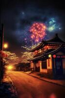street with a building and fireworks in the sky. . photo