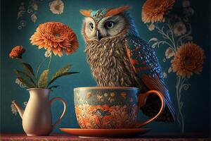 an owl sitting on top of a cup next to a vase of flowers. . photo