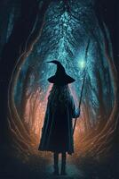 wizard holding a staff in a dark forest. . photo