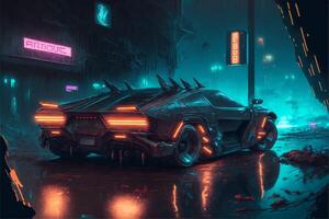 futuristic car on a city street at night. . photo