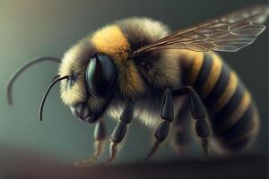 cerca arriba de un abeja en un pedazo de madera. generativo ai. foto