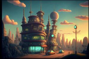 digital painting of a futuristic city at sunset. . photo