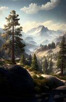 painting of a mountain scene with pine trees. . photo