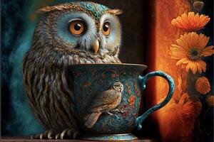 a painting of an owl sitting on top of a cup. . photo