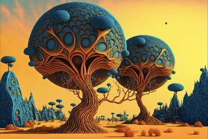 a group of trees sitting in the middle of a desert. . photo