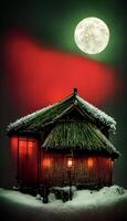 hut in the snow with a full moon in the background. . photo